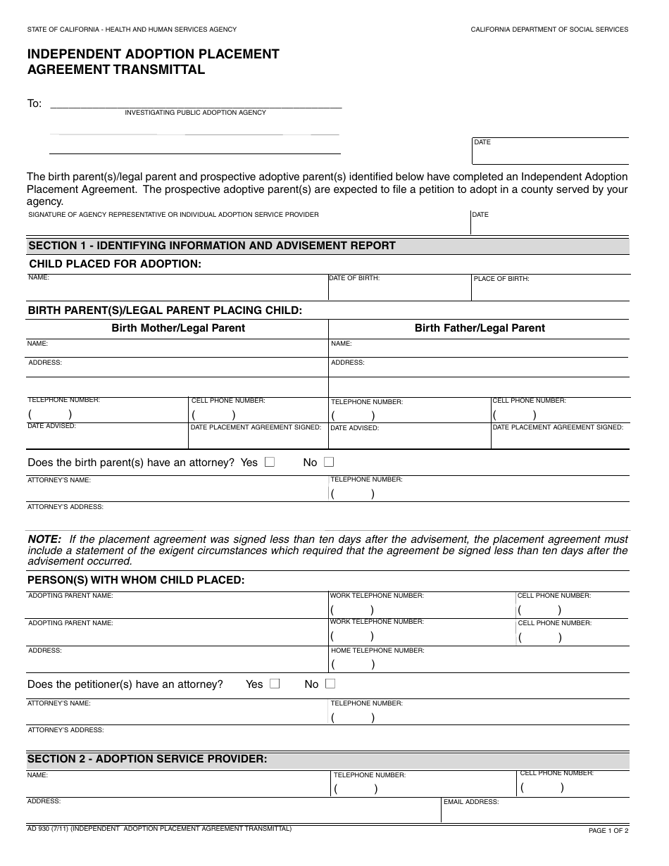 Form AD930 Independent Adoption Placement Agreement Transmittal - California, Page 1