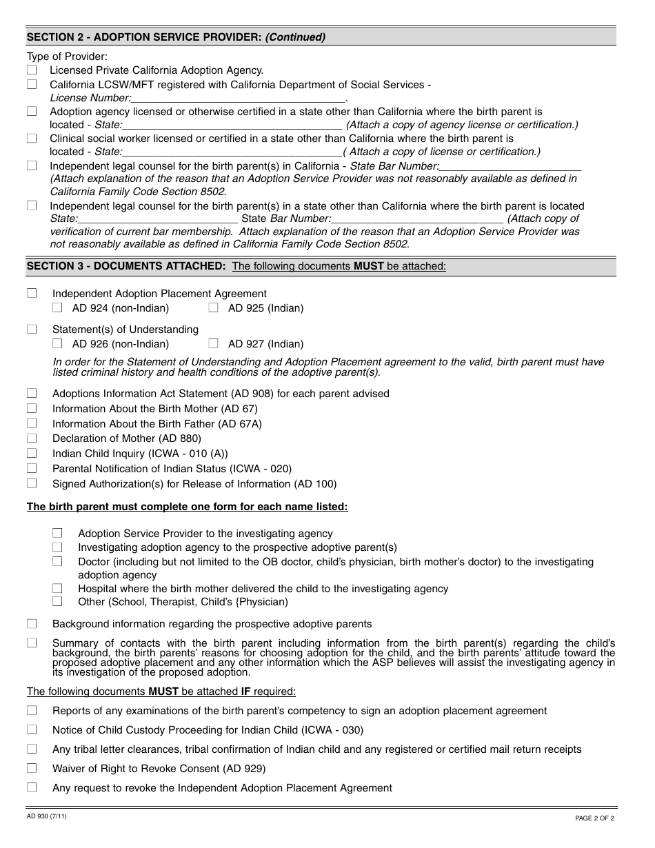 Form AD930 Independent Adoption Placement Agreement Transmittal - California, Page 2
