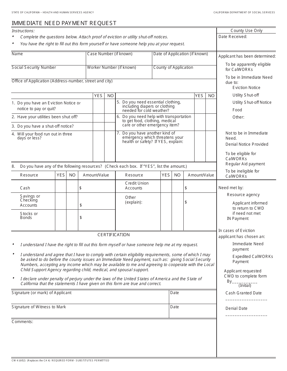 Form CW4 Immediate Need Payment Request - California, Page 1