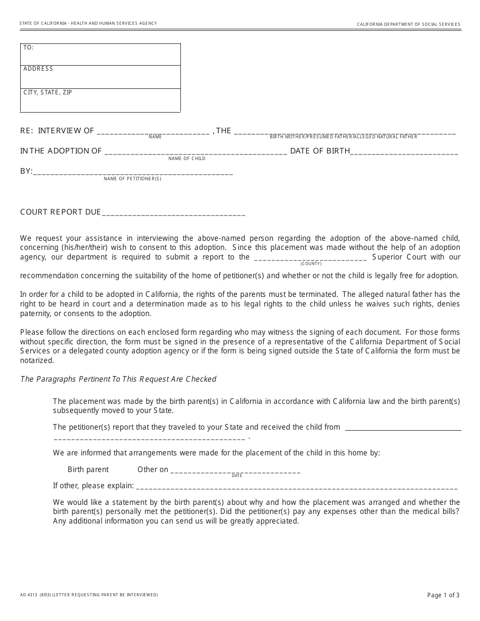 Form AD4313 Letter Requesting Parent Be Interviewed - California, Page 1