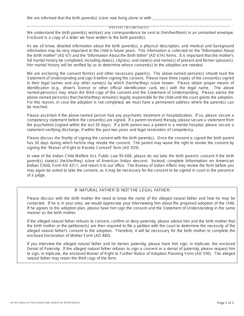 Form AD4313 Letter Requesting Parent Be Interviewed - California, Page 2