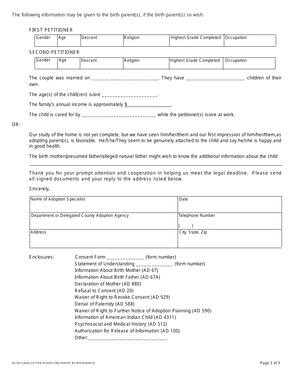 Form AD4313 Letter Requesting Parent Be Interviewed - California, Page 3