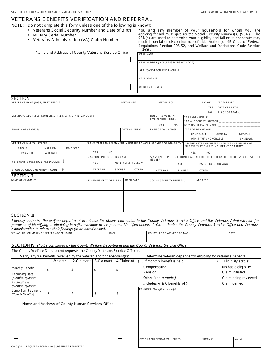 Form CW5 Veterans Benefits Verification and Referral - California, Page 1