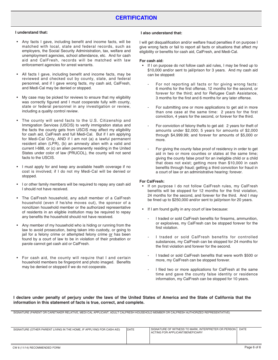 Form CW8 Statement of Facts for an Additional Person - California, Page 6