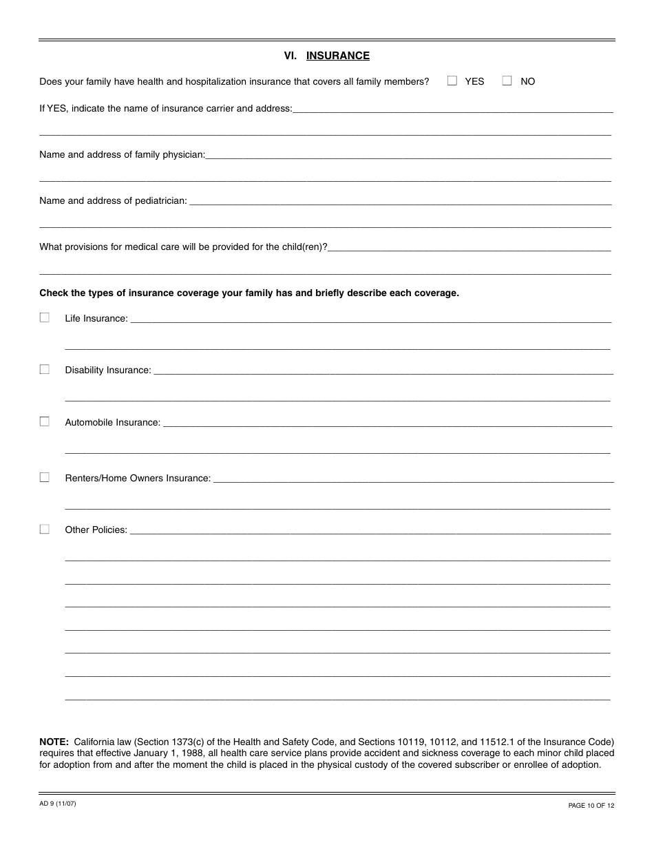 Form AD9 Independent Adoption Questionnaire - California, Page 10