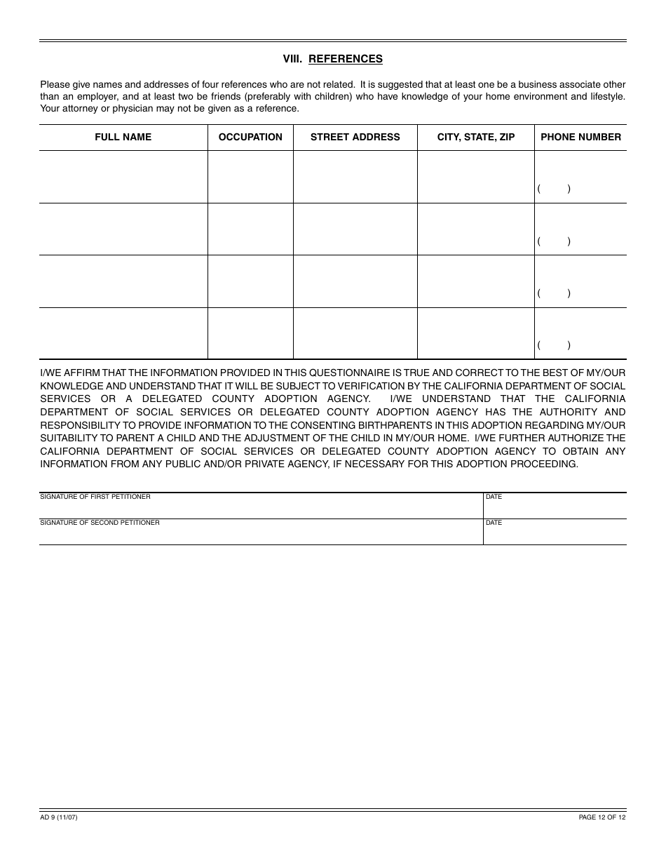 Form AD9 Independent Adoption Questionnaire - California, Page 12
