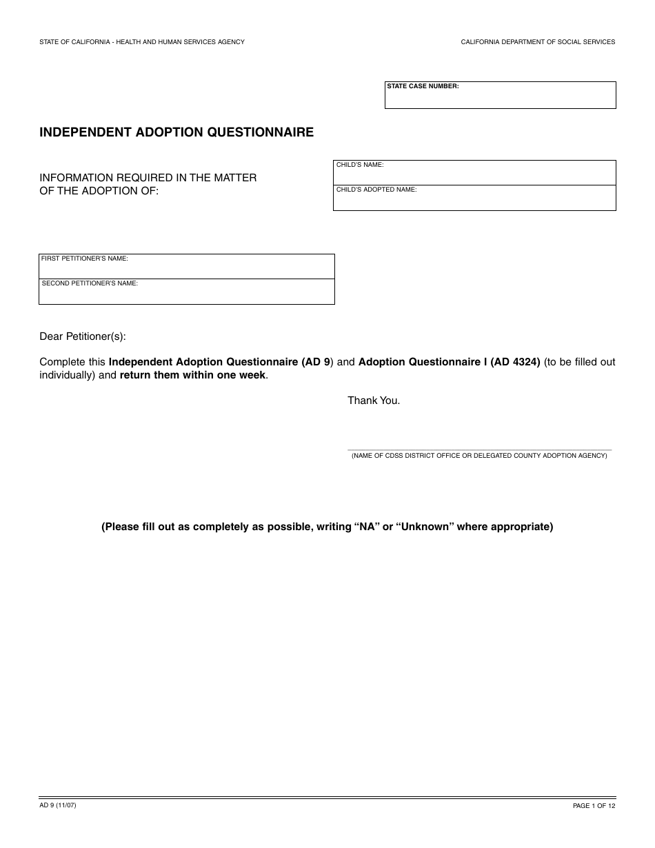 Form AD9 Independent Adoption Questionnaire - California, Page 1