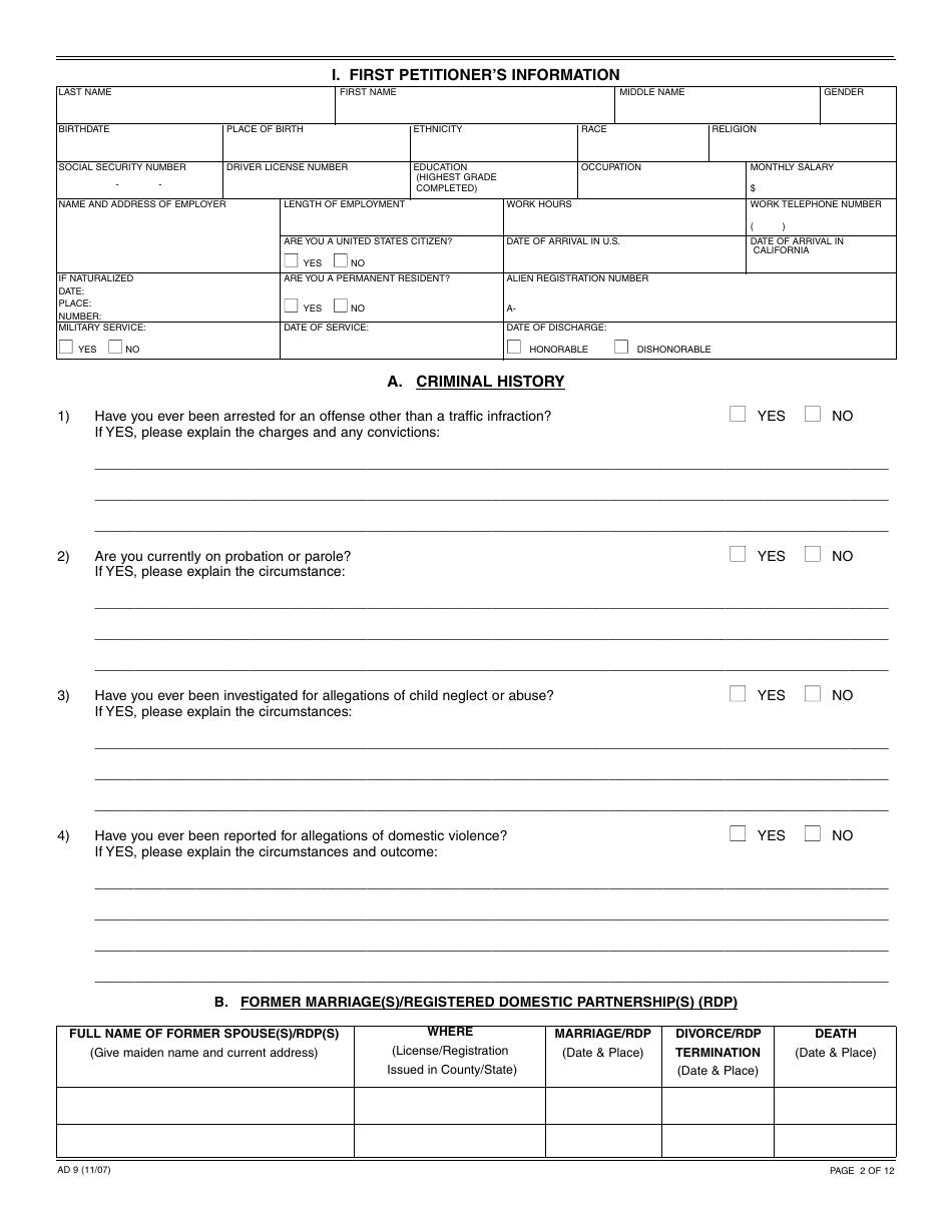 Form AD9 Independent Adoption Questionnaire - California, Page 2