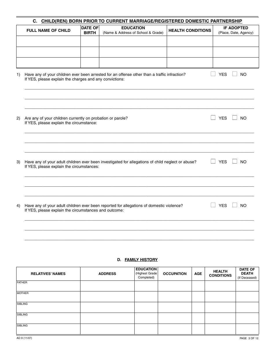 Form AD9 Independent Adoption Questionnaire - California, Page 3