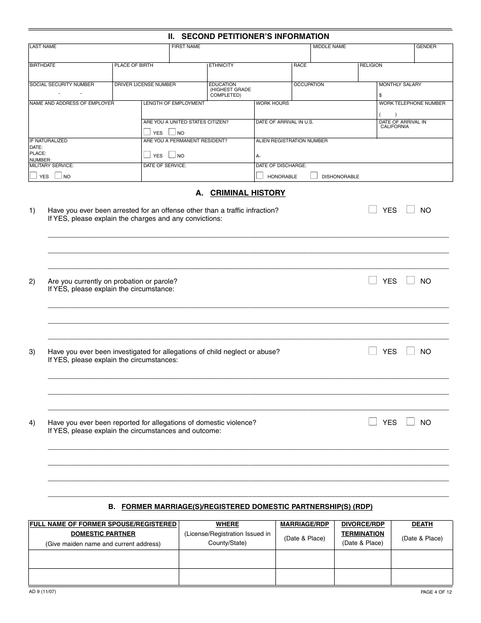 Form AD9 Independent Adoption Questionnaire - California, Page 4