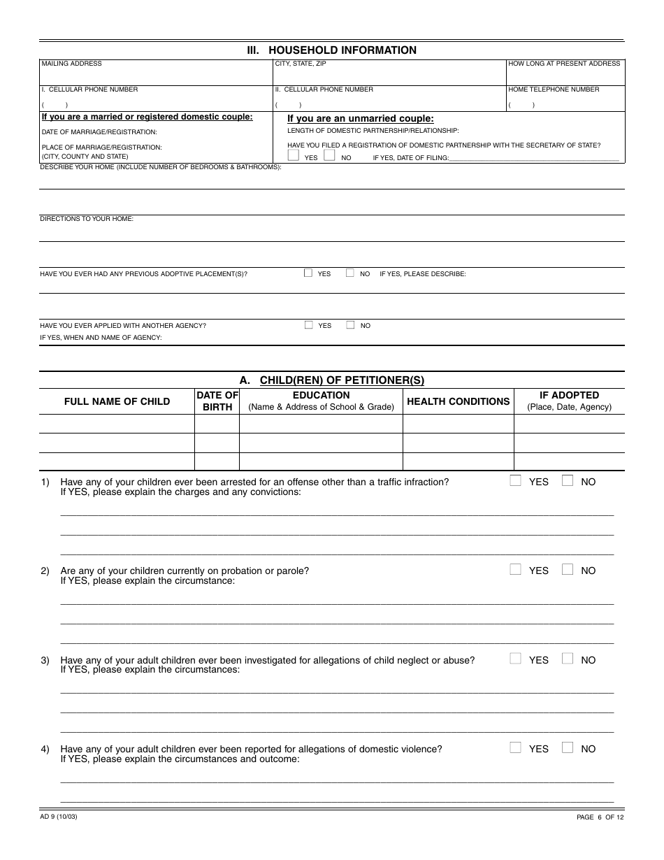 Form AD9 Independent Adoption Questionnaire - California, Page 6