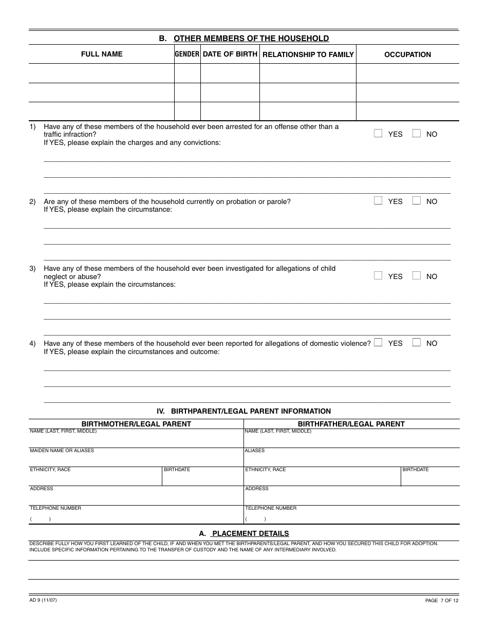 Form AD9 Independent Adoption Questionnaire - California, Page 7