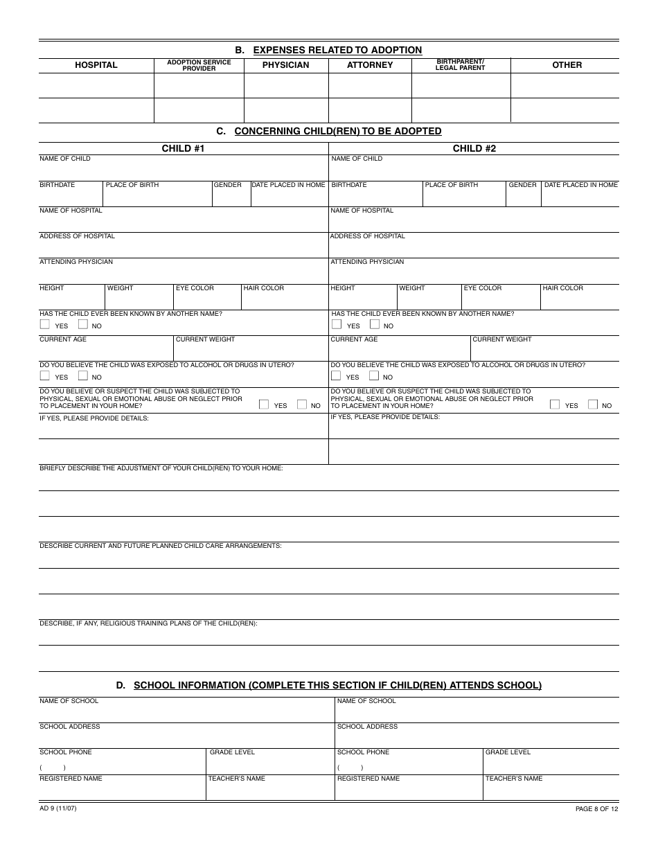 Form AD9 Independent Adoption Questionnaire - California, Page 8