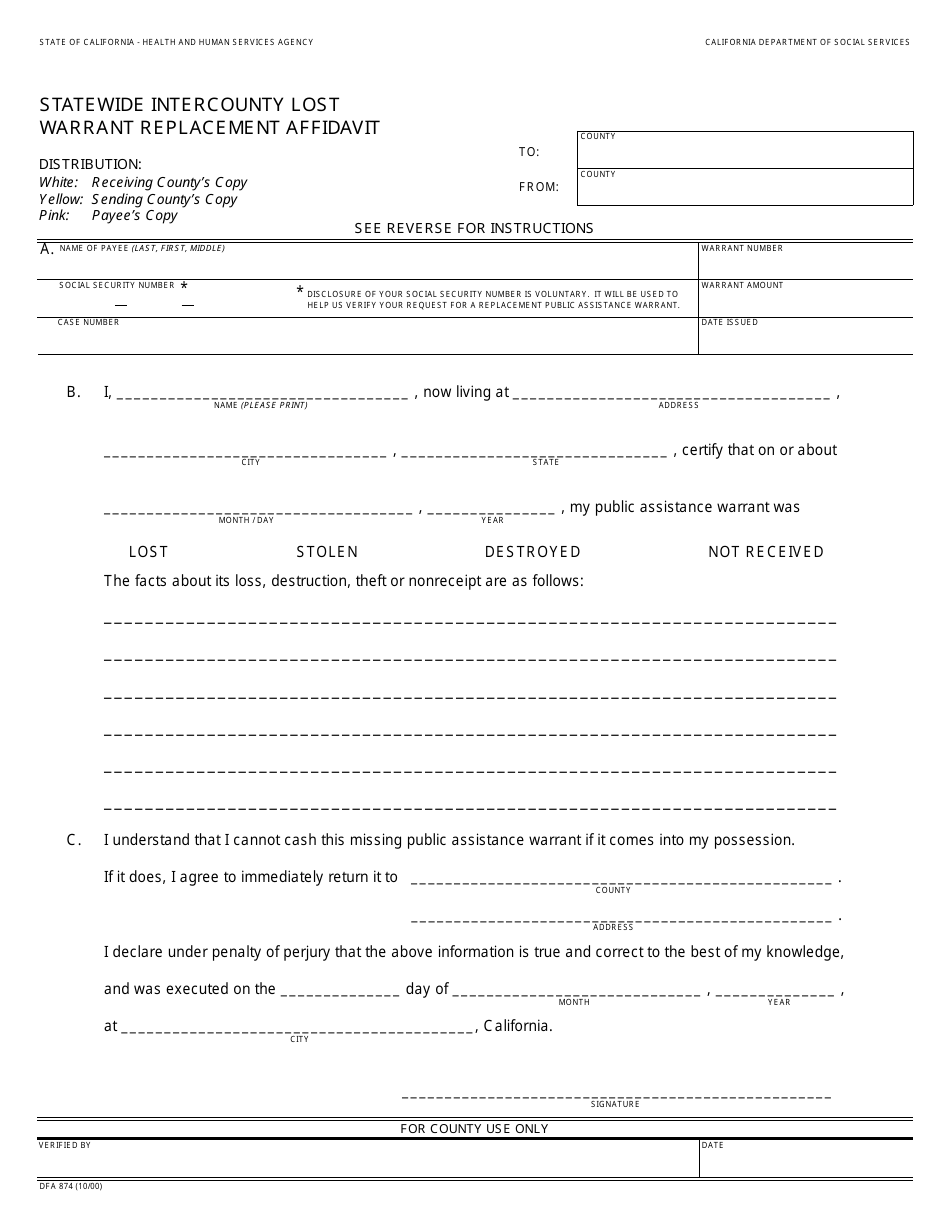 Form DFA874 Statewide Intercounty Lost Warrant Replacement Affidavit - California, Page 1