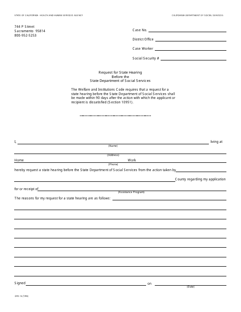 Form DPA13 Request for State Hearing Before the State Department of Social Services - California