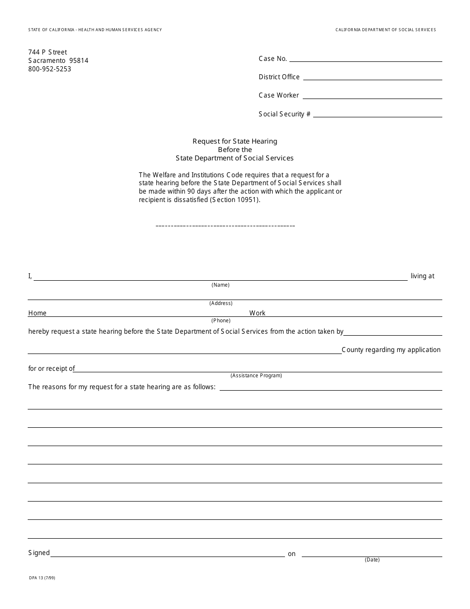 Form DPA13 Request for State Hearing Before the State Department of Social Services - California, Page 1