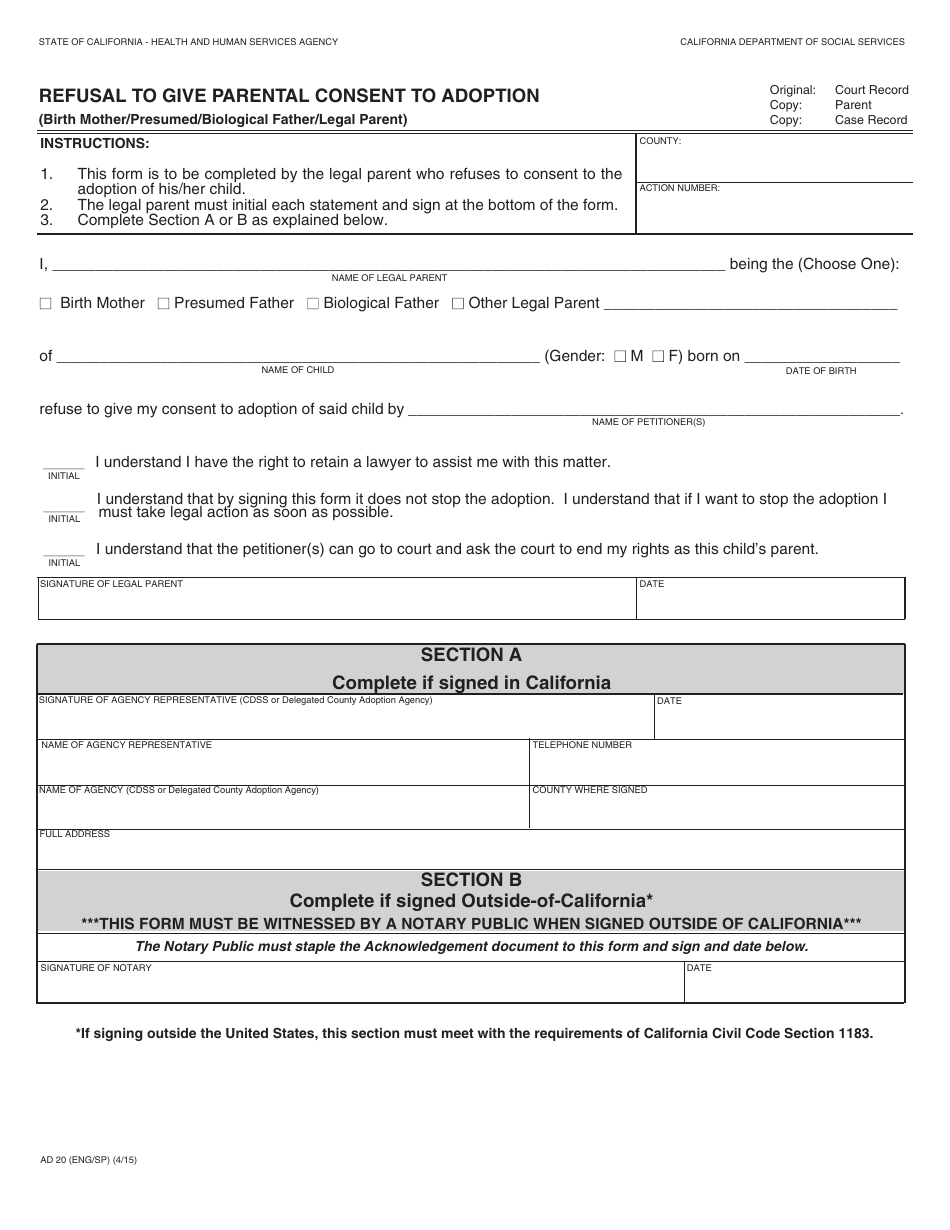 Form AD20 Refusal to Give Parental Consent to Adoption - California, Page 1