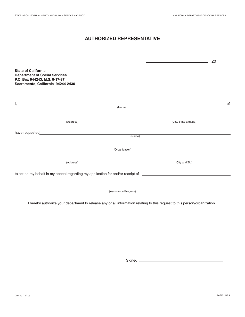Form DPA19 Authorized Representative - California, Page 1