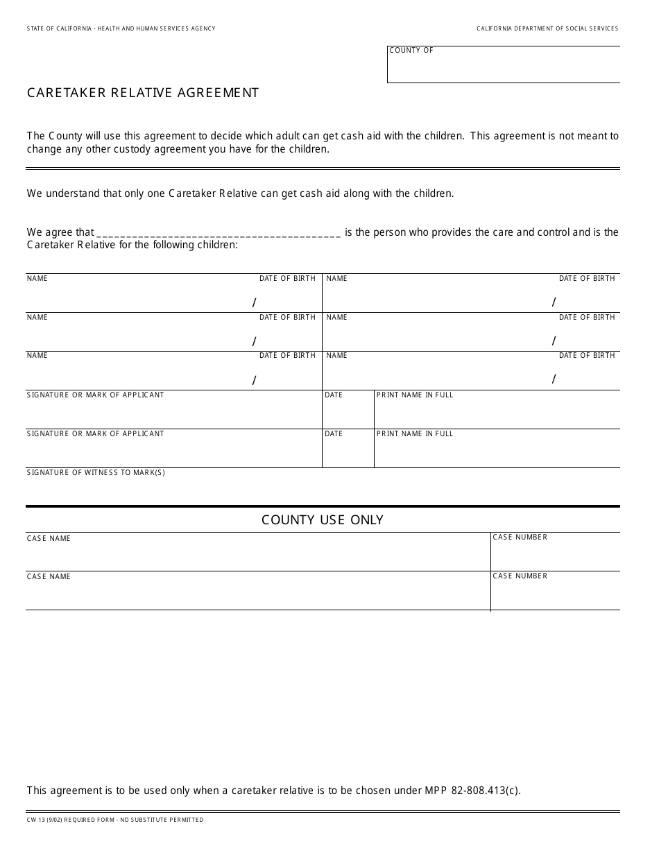 Form CW13 Caretaker Relative Agreement - California, Page 1