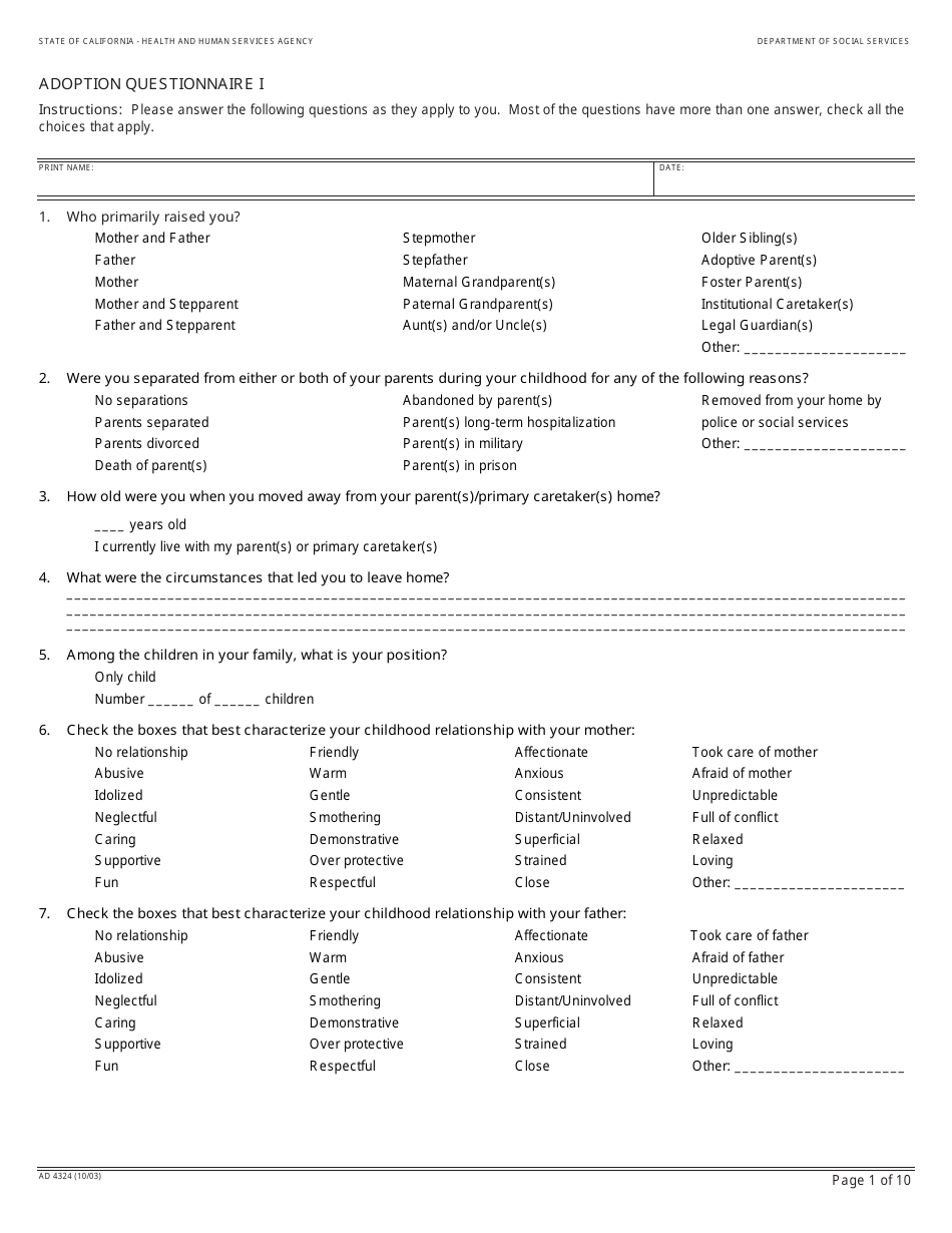 Form AD4324 Download Fillable PDF or Fill Online Adoption Questionnaire ...