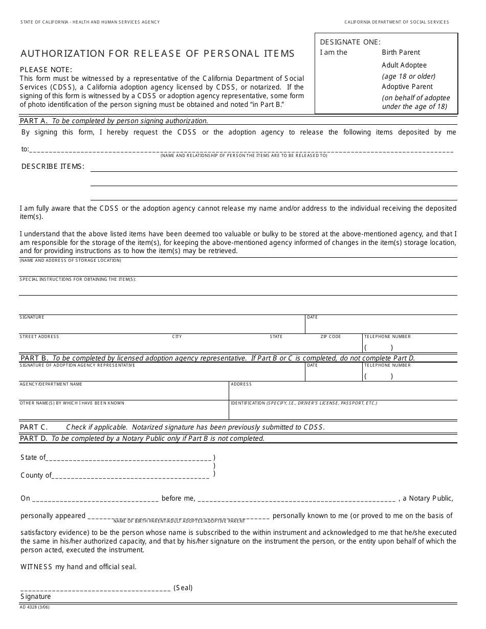 Form AD4328 Authorization for Release of Personal Items - California, Page 1