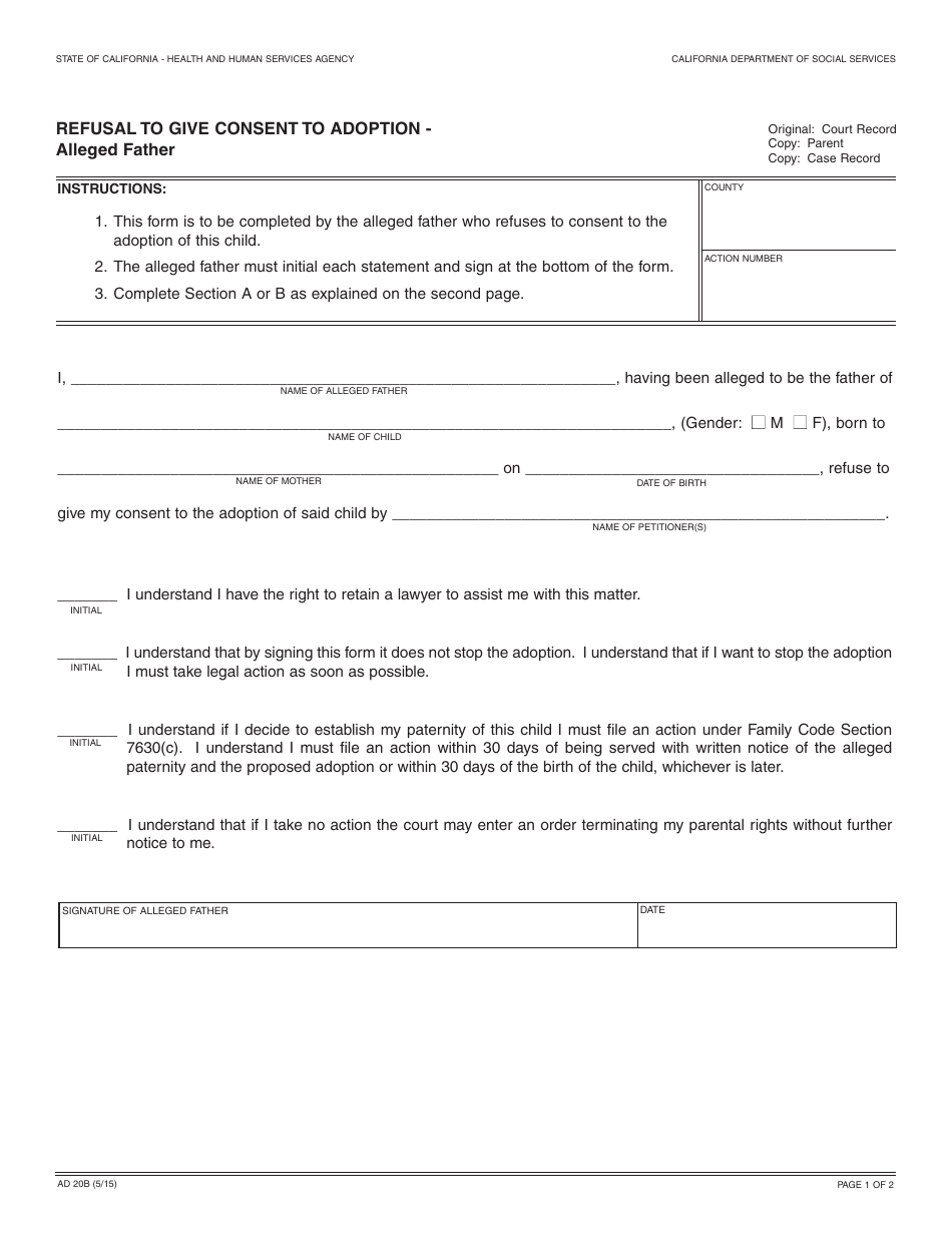 Form AD20B Refusal to Give Consent to Adoption - Alleged Father - California, Page 1