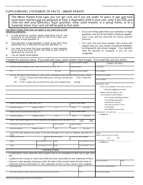 Form CW25 Supplemental Statement of Facts - Minor Parent - California