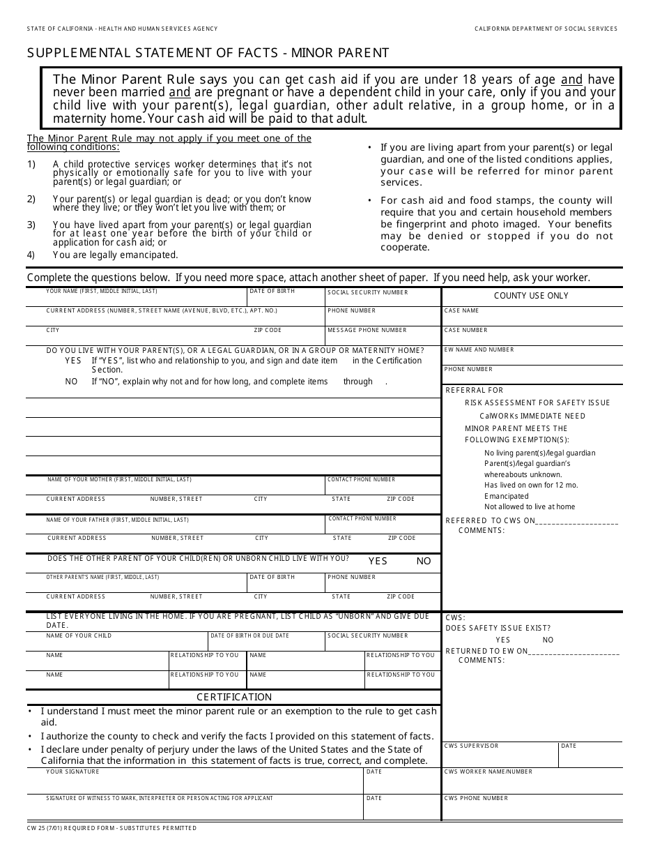 Form CW25 Supplemental Statement of Facts - Minor Parent - California, Page 1
