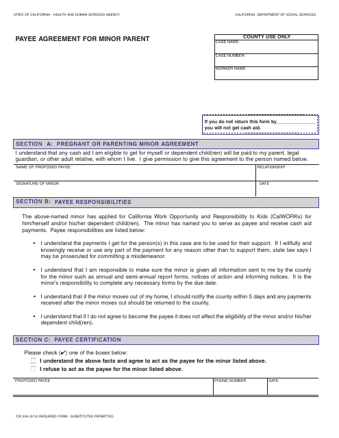 Form CW25A Payee Agreement for Minor Parent - California