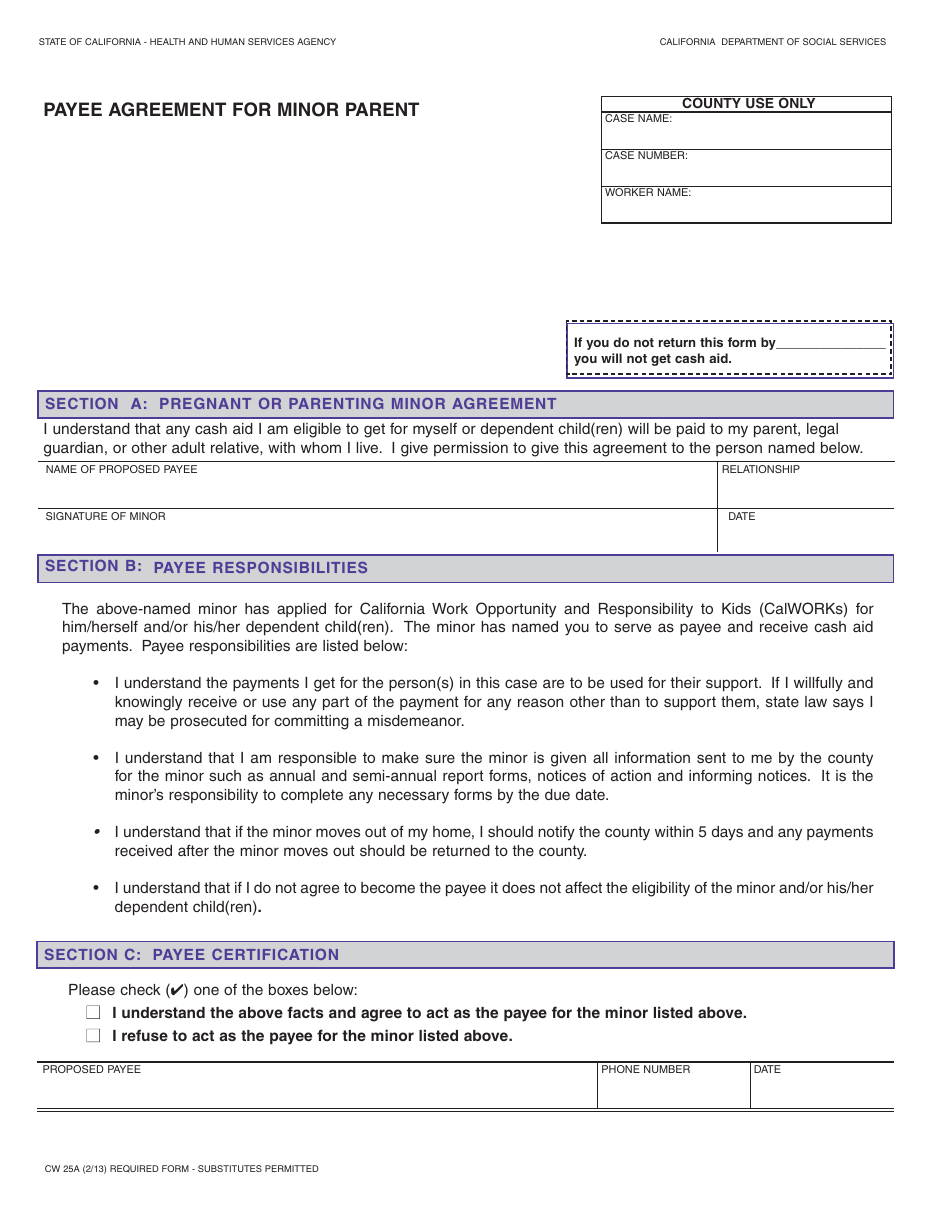 Form CW25A Payee Agreement for Minor Parent - California, Page 1