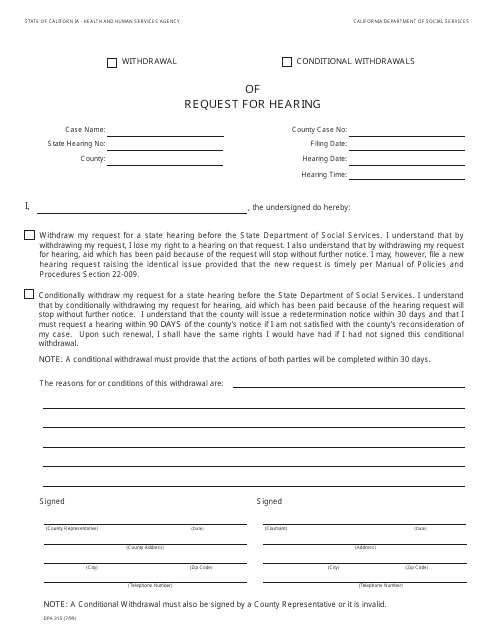 Form DPA315 Withdrawal or Conditional Withdrawals of Request for Hearing - California