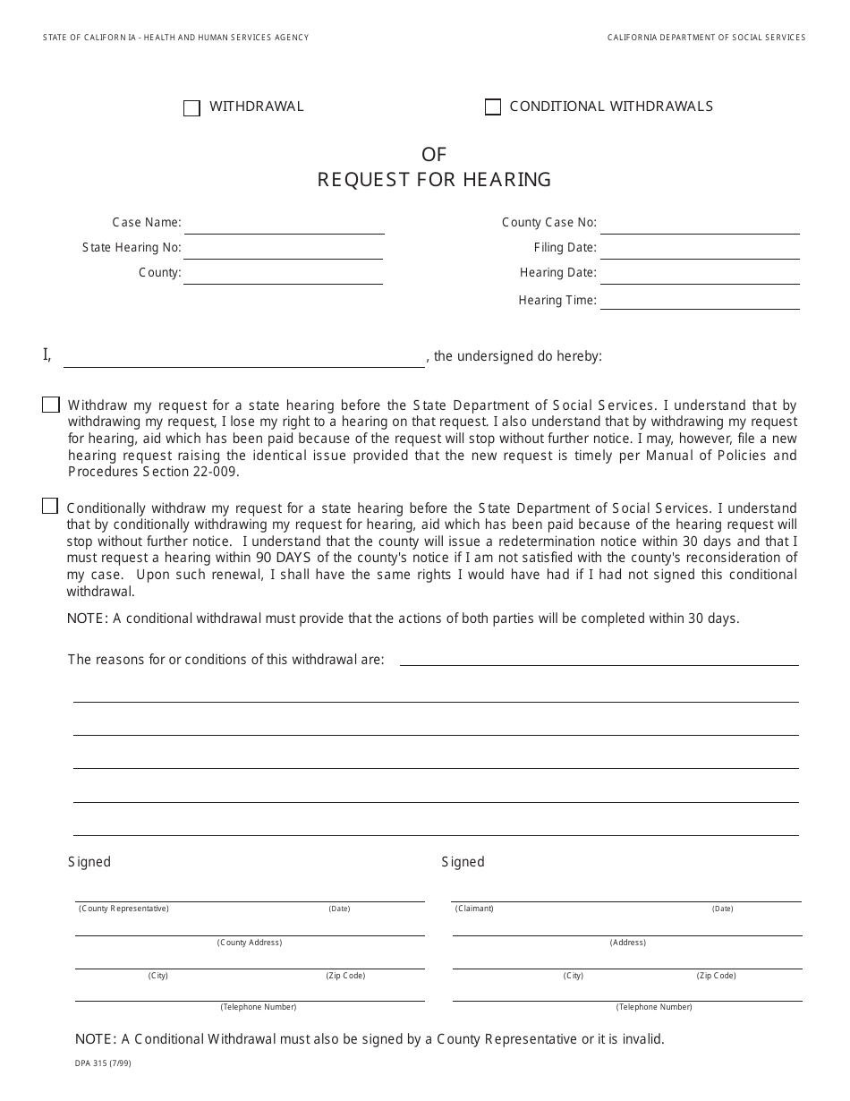 Form DPA315 Withdrawal or Conditional Withdrawals of Request for Hearing - California, Page 1