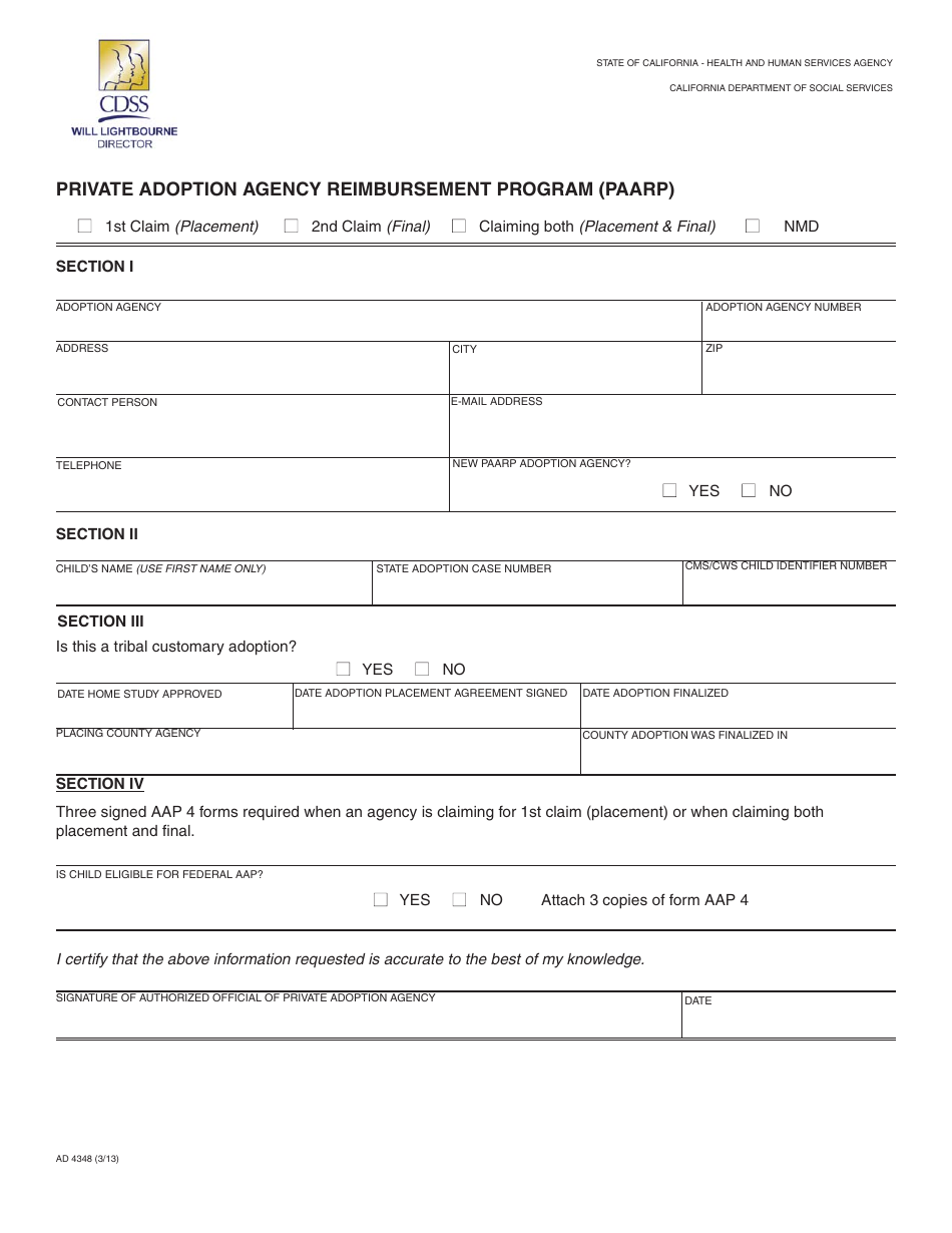 Form AD4348 Private Adoption Agency Reimbursement Program (Paarp) - California, Page 1