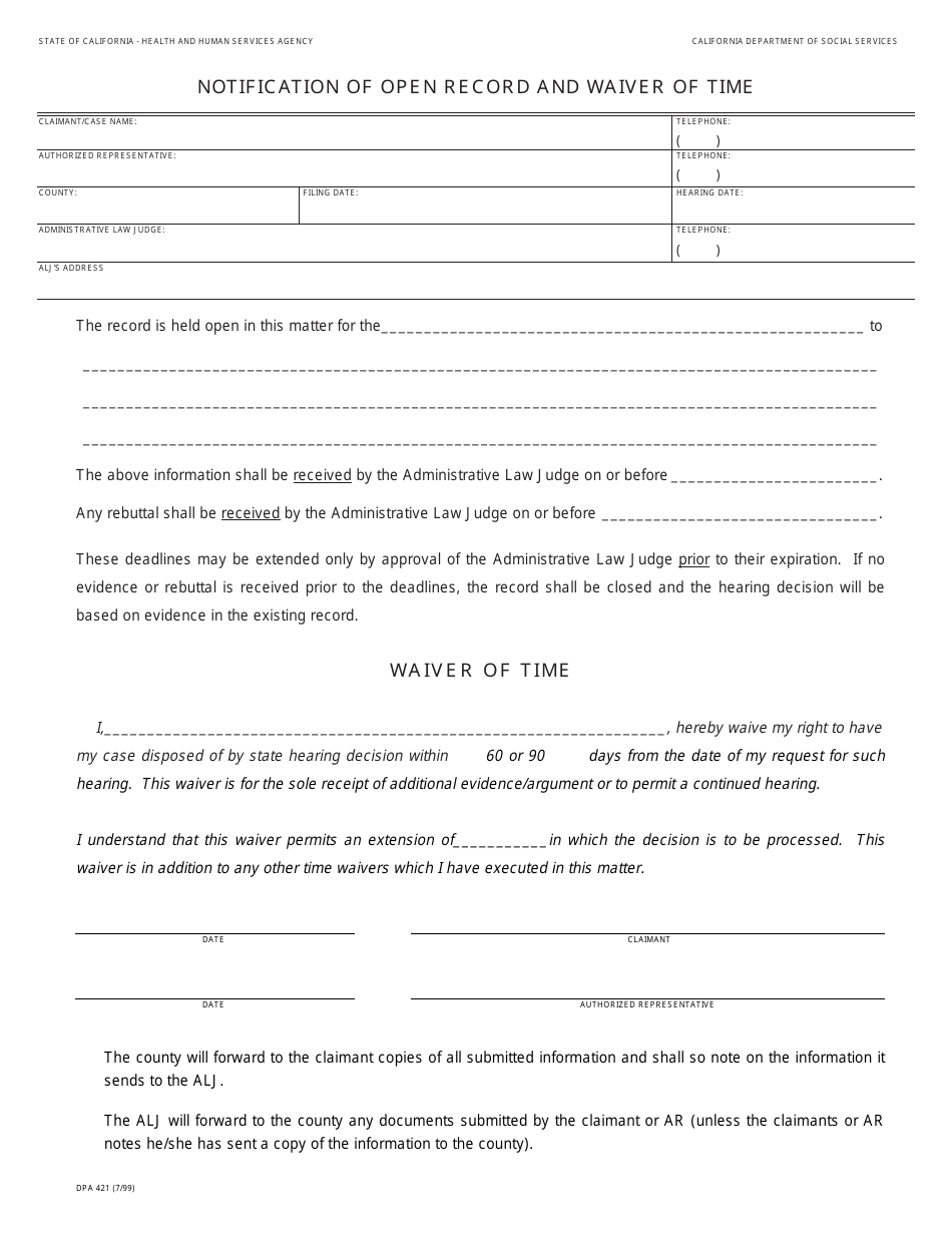 Form DPA421 Notification of Open Record and Waiver of Time - California, Page 1