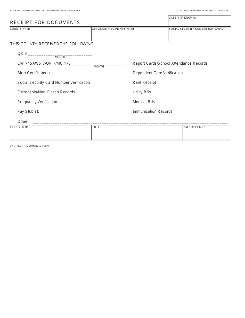Form CW31 Receipt for Documents - California, Page 1