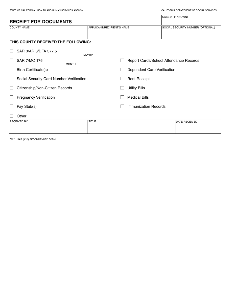 Form CW31 SAR Receipt for Documents - California, Page 1