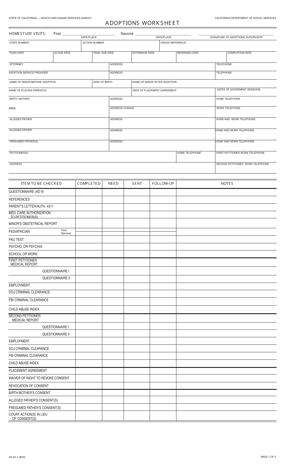 Form AD40.1 Adoptions Worksheet - California, Page 1