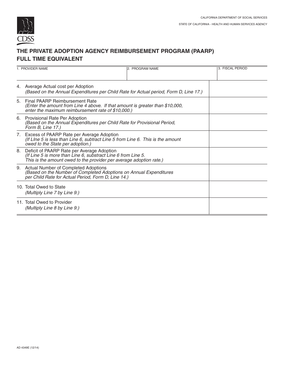 Form AD4349E The Private Adoption Agency Reimbursement Program (Paarp) Full Time Equivalent - California, Page 1