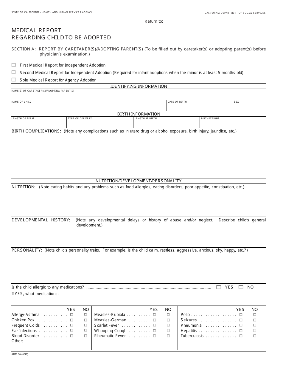 Form ADM36 Medical Report Regarding Child to Be Adopted - California, Page 1