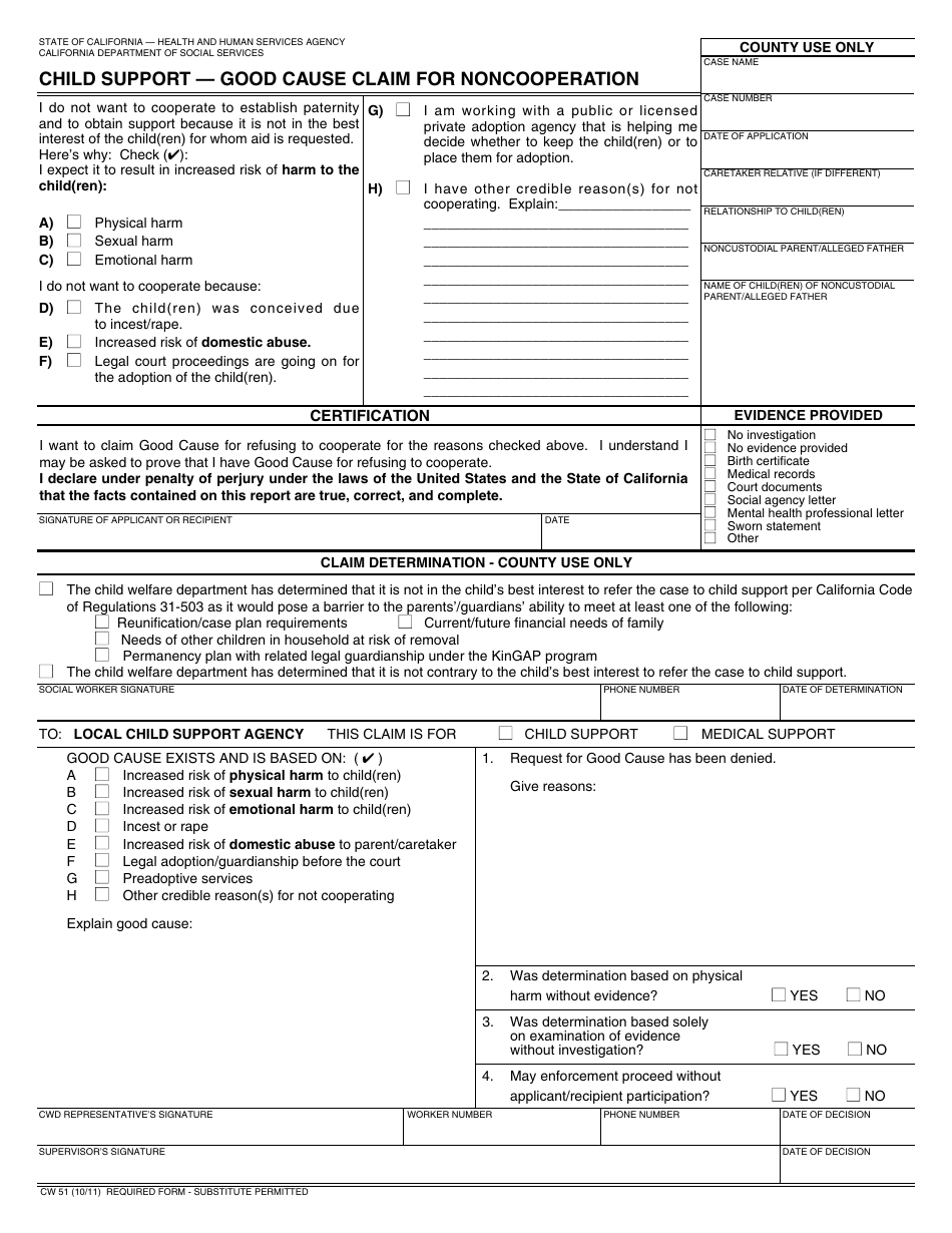 Form CW51 Child Support - Good Cause Claim for Noncooperation - California, Page 1
