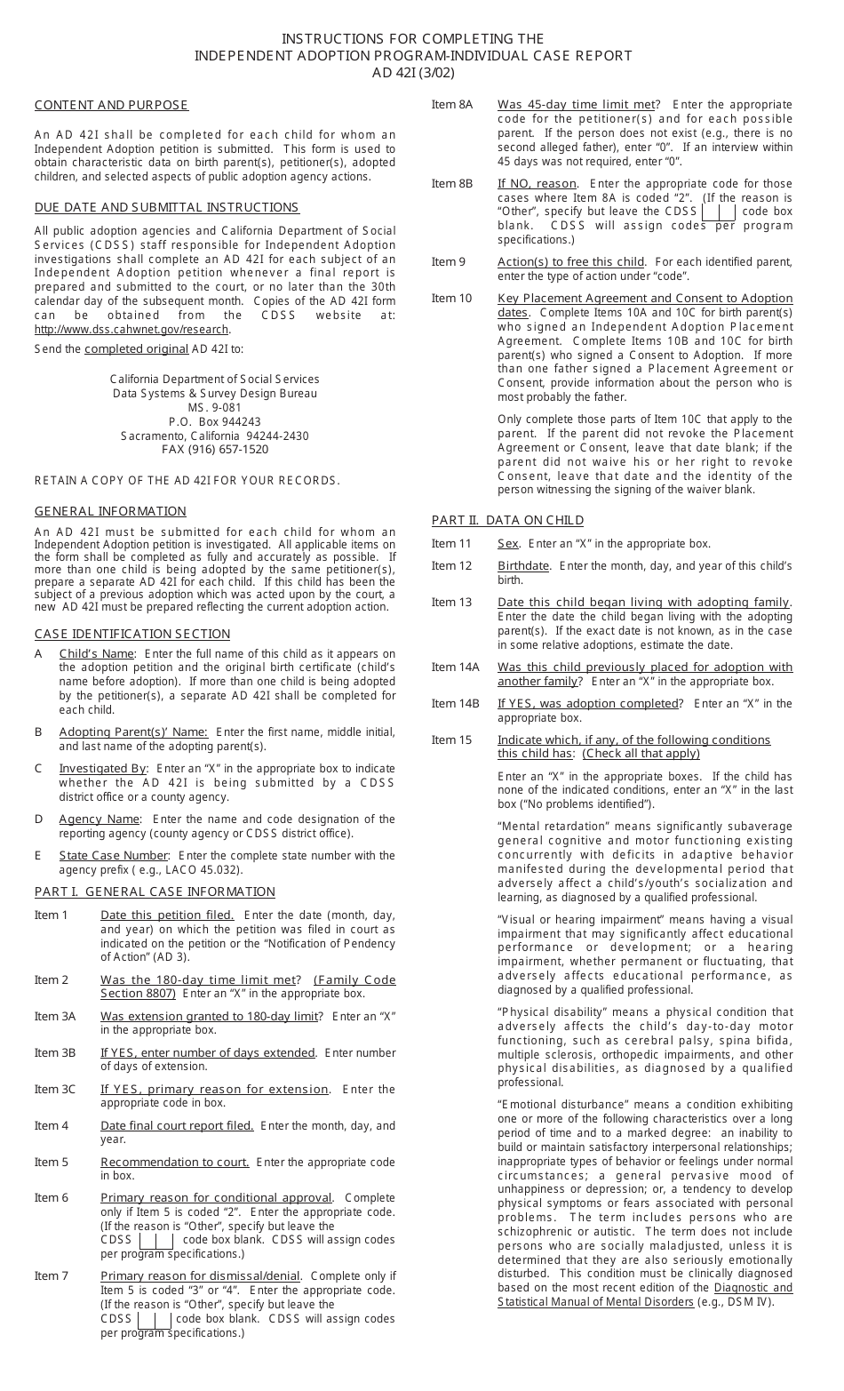 Form AD42 I Independent Adoption Program - Individual Case Report - California, Page 3