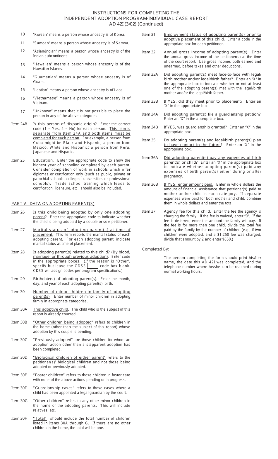 Form AD42 I Independent Adoption Program - Individual Case Report - California, Page 5