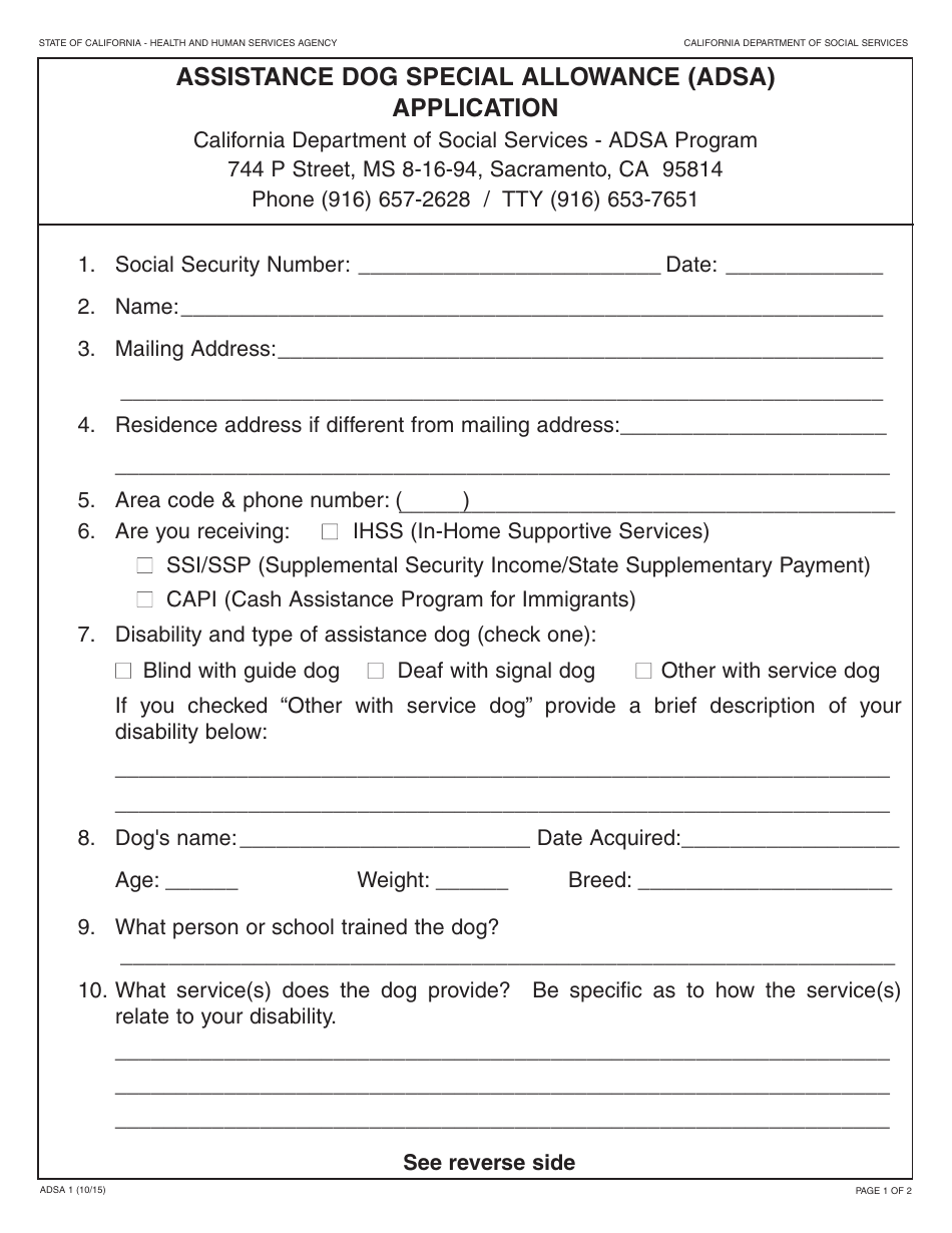 Form ADSA1 Assistance Dog Special Allowance (Adsa) Application - California, Page 1