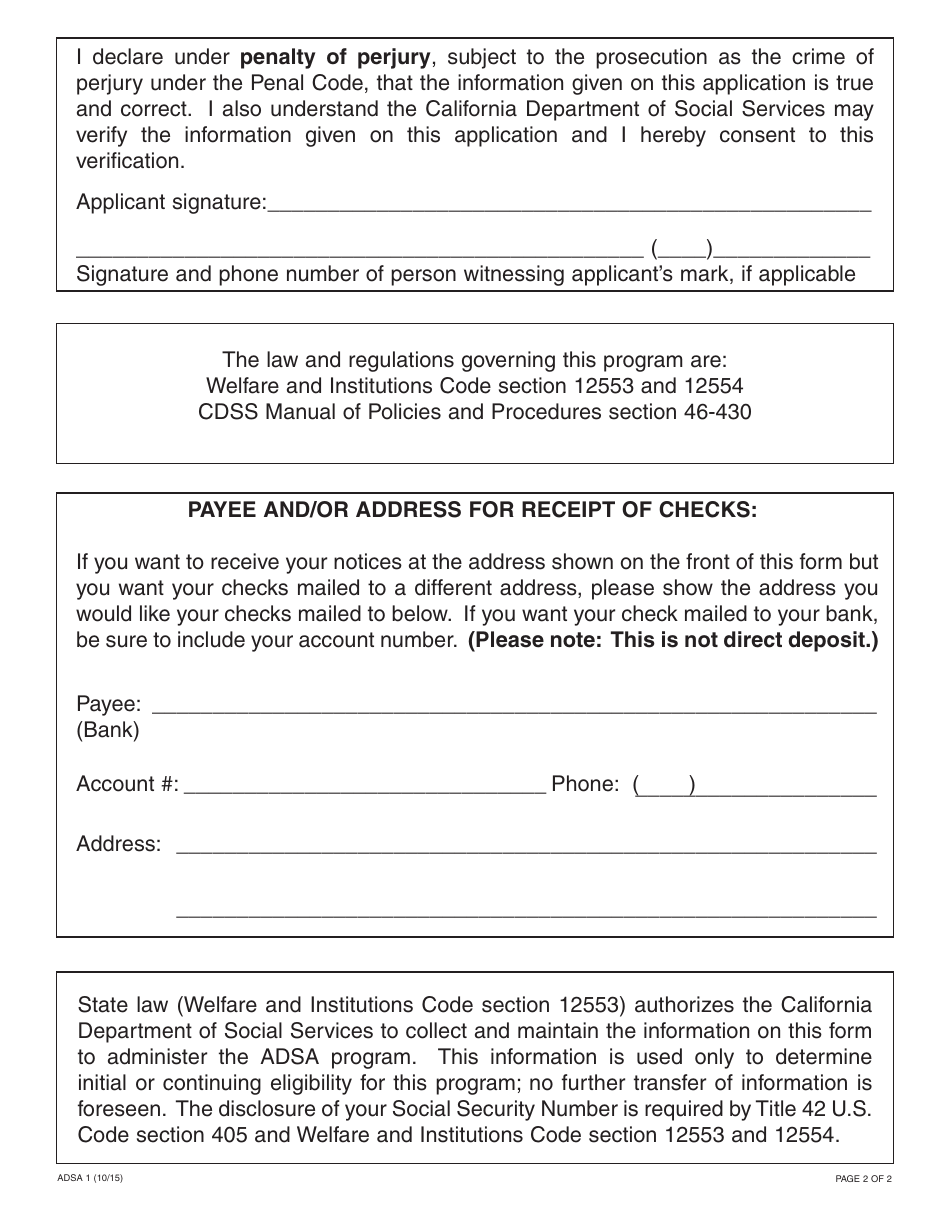 Form ADSA1 Assistance Dog Special Allowance (Adsa) Application - California, Page 2