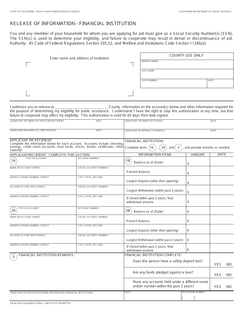 Form CW60 Release of Information - Financial Institution - California, Page 1