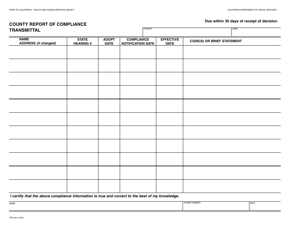 Form DPA481 County Report of Compliance Transmittal - California, Page 1
