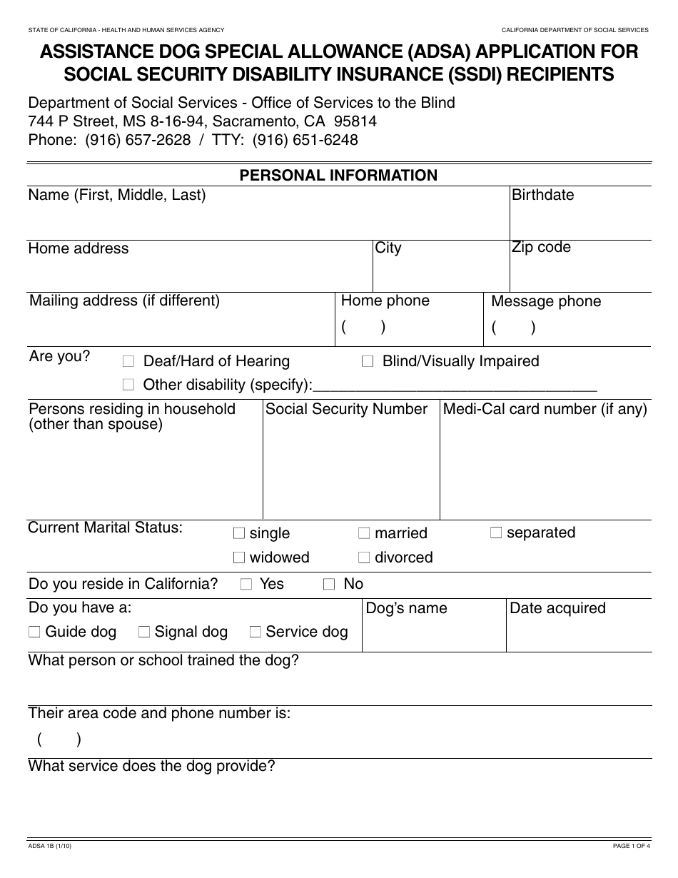 Form ADSA1B Assistance Dog Special Allowance (Adsa) Application for Social Security Disability Insurance (Ssdi) Recipients - California, Page 1