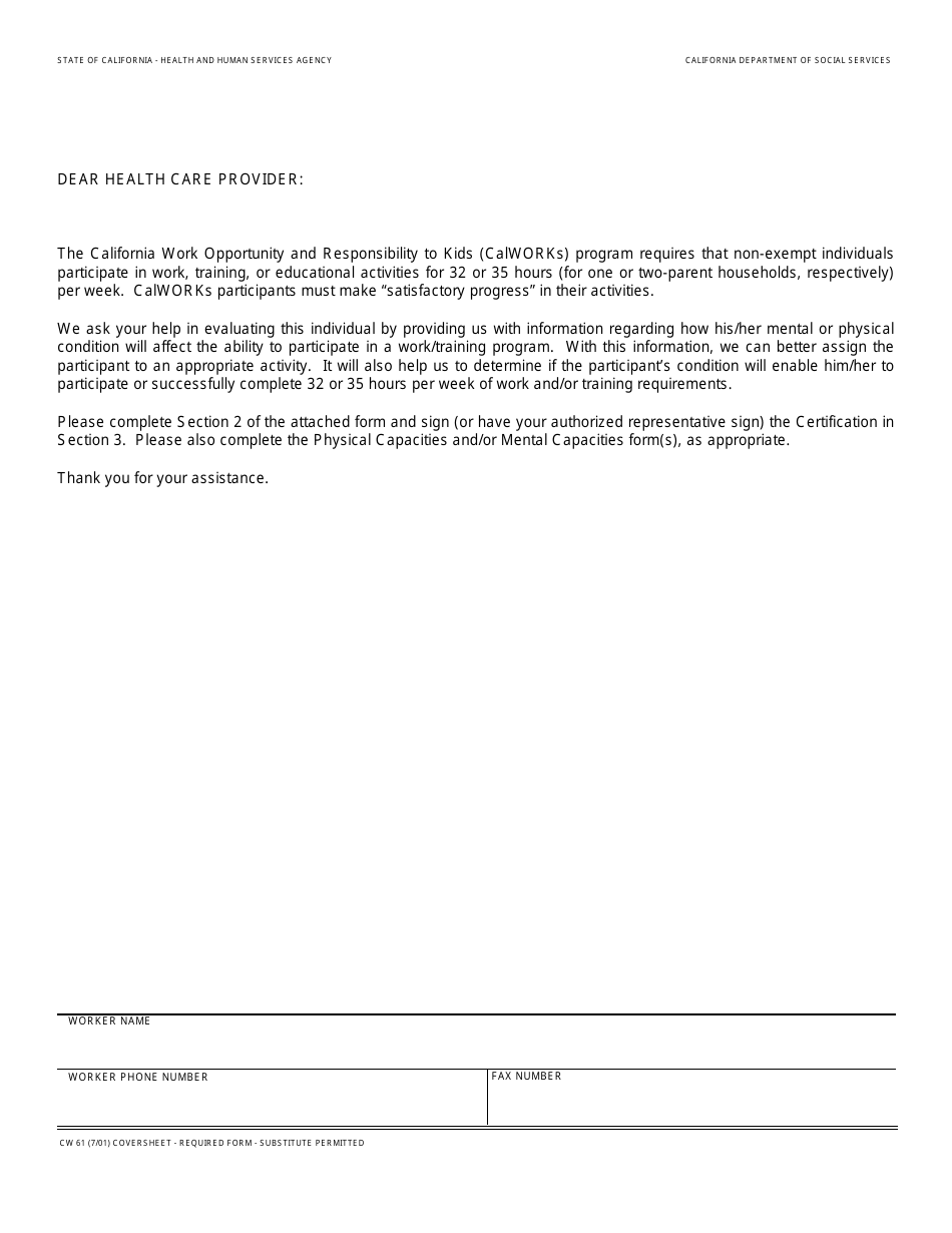 Form CW61 Authorization to Release Medical Information - California, Page 1