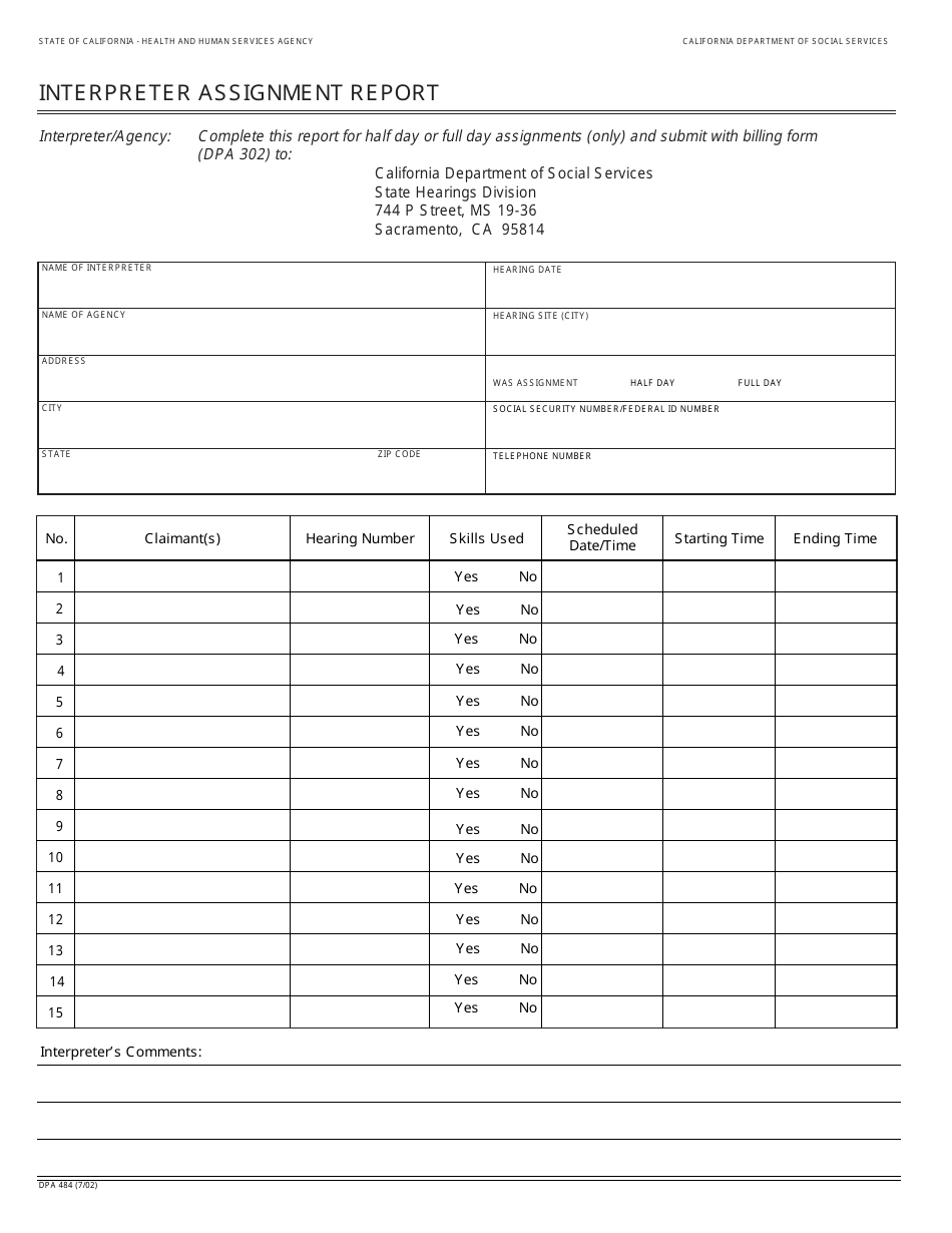 Form DPA484 Interpreter Assignment Report - California, Page 1