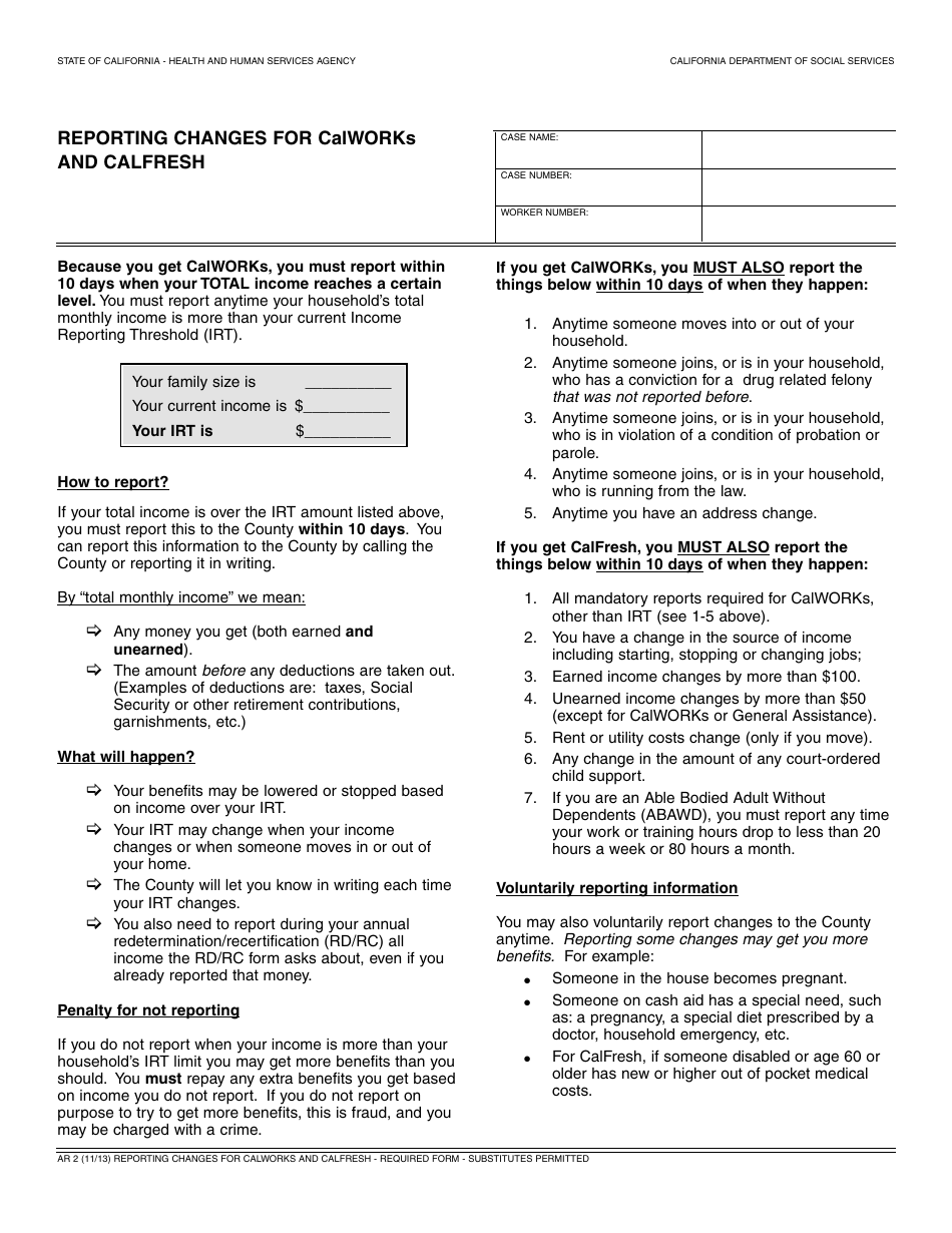 Form AR2 Reporting Changes for Calworks and Calfresh - California, Page 1